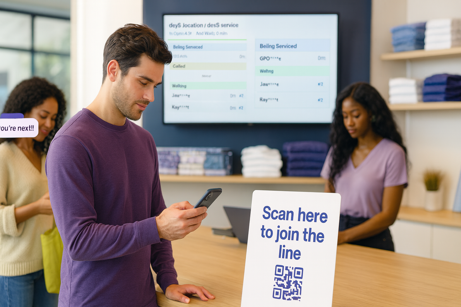 Customer scanning QR code to join virtual queue with SMS notification