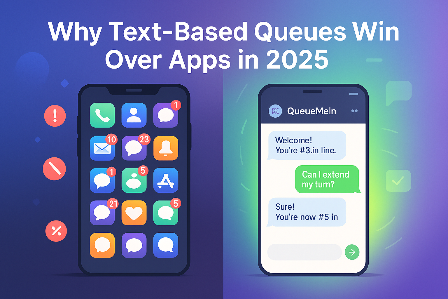 Comparison of cluttered app notifications vs simple SMS queue management